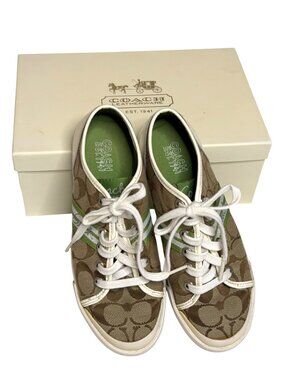 Coach Folly Signature Womens Sneakers Canvas Logo Tan Grass White 6